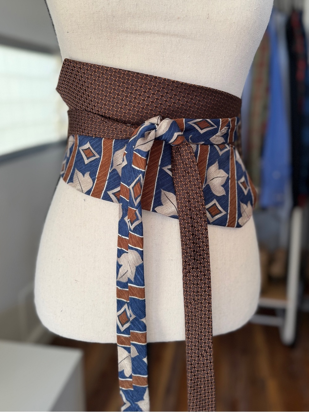 Brown and Blue Floral Tie Waist Belt